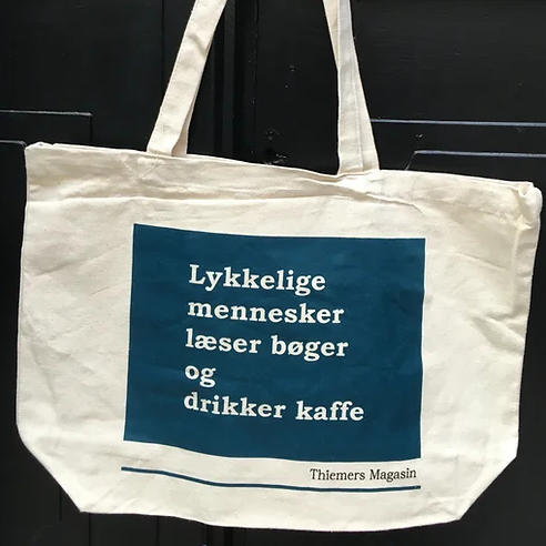 Mulepose. Lykkelige mennesker læser bøger og drikker kaffe. Blå